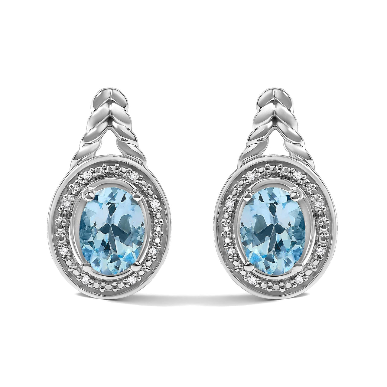 Sterling Silver Oval Blue Topaz and Diamond Accent Twist and Halo Drop Earrings - KIAHMILLA