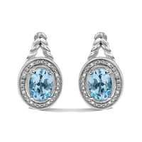 Sterling Silver Oval Blue Topaz and Diamond Accent Twist and Halo Drop Earrings - KIAHMILLA