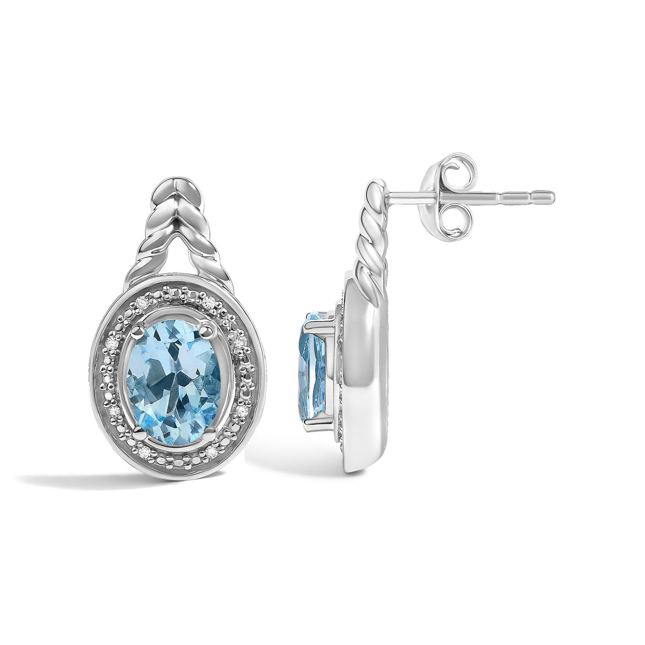 Sterling Silver Oval Blue Topaz and Diamond Accent Twist and Halo Drop Earrings - KIAHMILLA