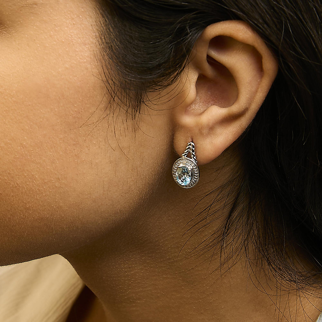Sterling Silver Oval Blue Topaz and Diamond Accent Twist and Halo Drop Earrings - KIAHMILLA