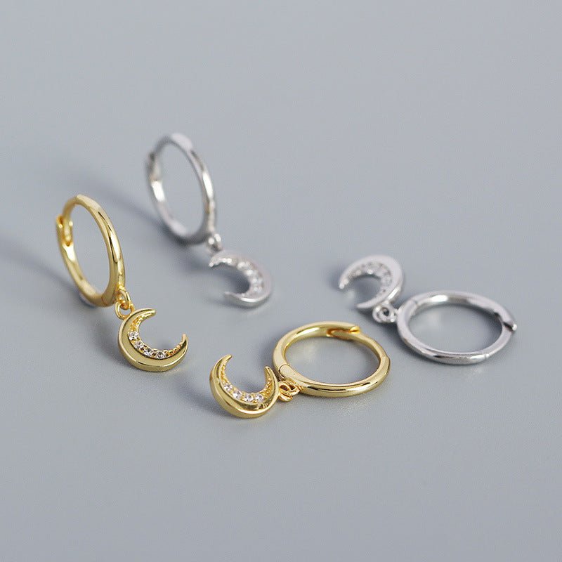 Sweet CZ Crescent Moon 925 Sterling Silver Hoop Earrings - KIAHMILLA