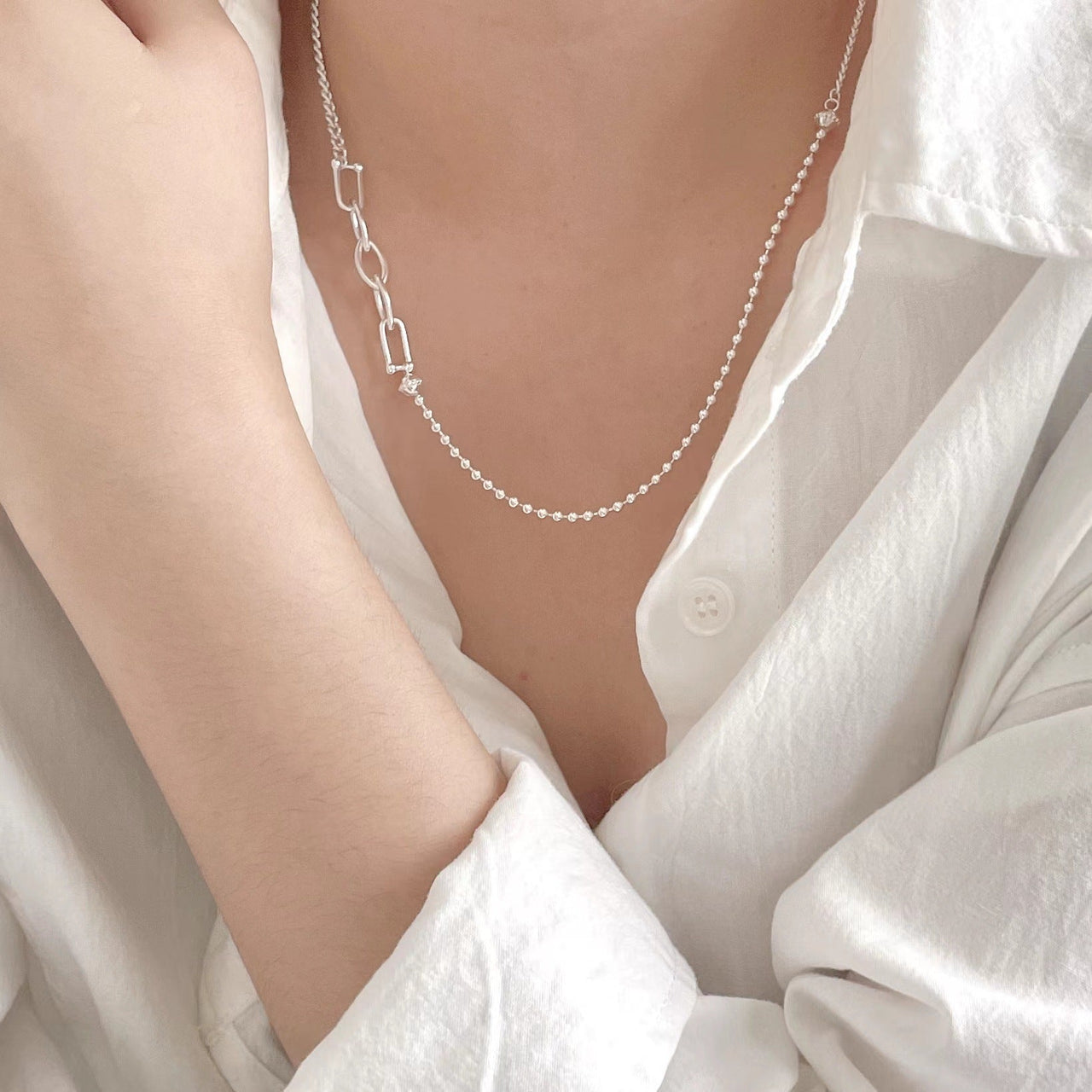 Vintage Irregular Bead Hollow Curb Chain 925 Sterling Silver Necklace - KIAHMILLA