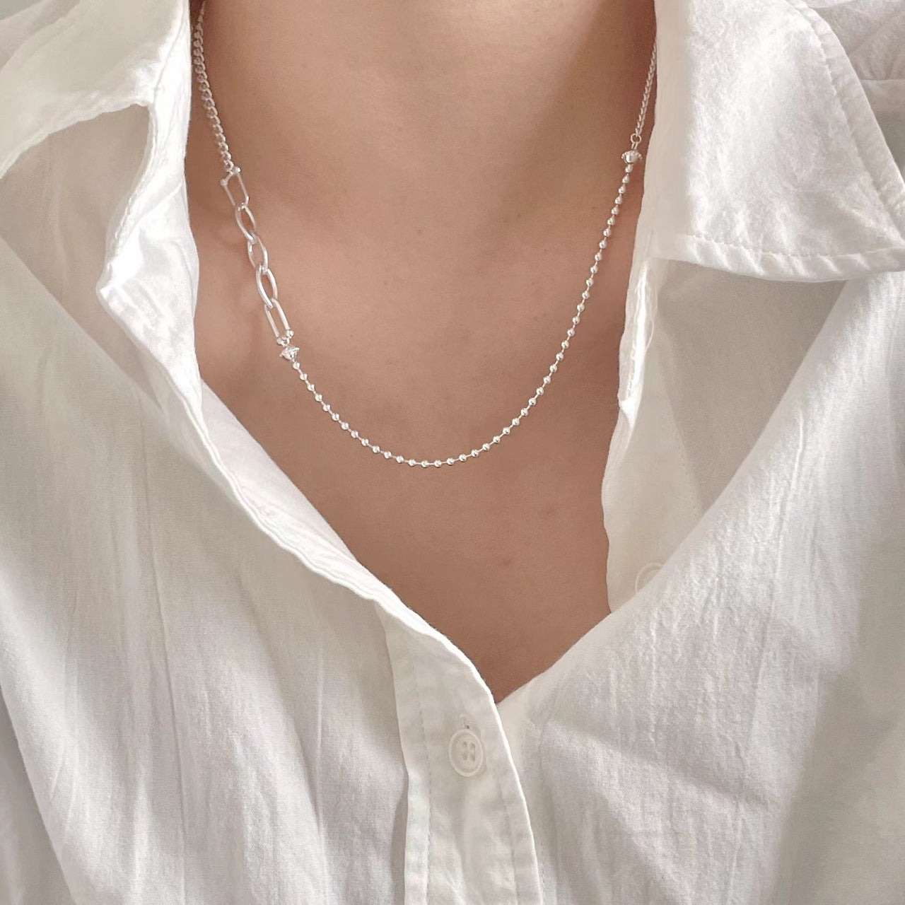 Vintage Irregular Bead Hollow Curb Chain 925 Sterling Silver Necklace - KIAHMILLA