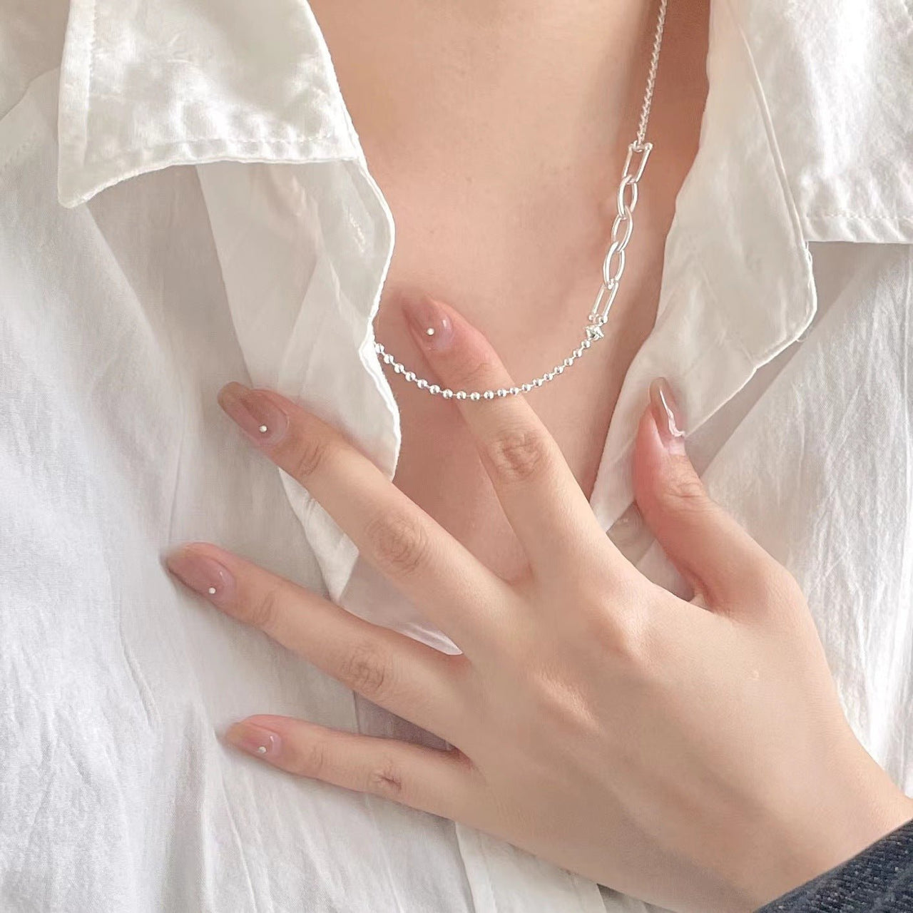 Vintage Irregular Bead Hollow Curb Chain 925 Sterling Silver Necklace - KIAHMILLA