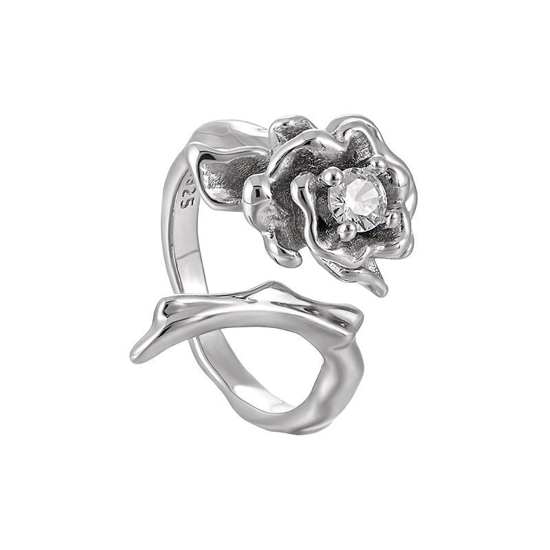 Vintage Thorn CZ Rose Flower 925 Sterling Silver Adjustable Ring - KIAHMILLA