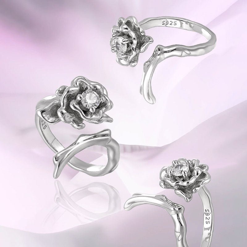 Vintage Thorn CZ Rose Flower 925 Sterling Silver Adjustable Ring - KIAHMILLA