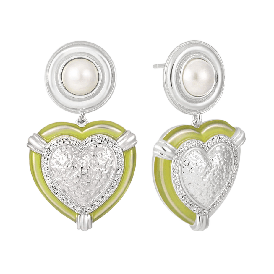 Wedding Round Shell Pearls CZ Border Heart 925 Sterling Silver Dangling Earrings - KIAHMILLA