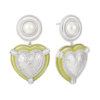 Wedding Round Shell Pearls CZ Border Heart 925 Sterling Silver Dangling Earrings - KIAHMILLA
