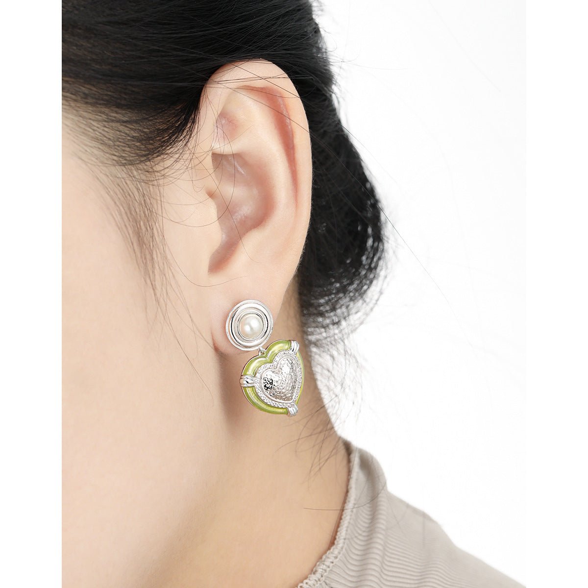 Wedding Round Shell Pearls CZ Border Heart 925 Sterling Silver Dangling Earrings - KIAHMILLA