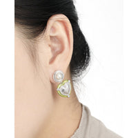 Wedding Round Shell Pearls CZ Border Heart 925 Sterling Silver Dangling Earrings - KIAHMILLA