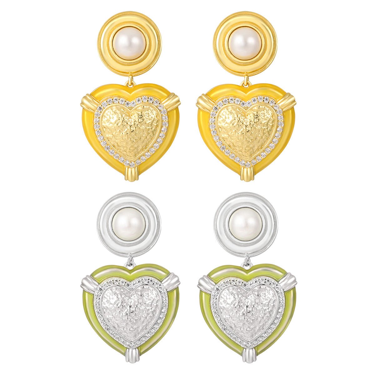Wedding Round Shell Pearls CZ Border Heart 925 Sterling Silver Dangling Earrings - KIAHMILLA