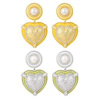 Wedding Round Shell Pearls CZ Border Heart 925 Sterling Silver Dangling Earrings - KIAHMILLA