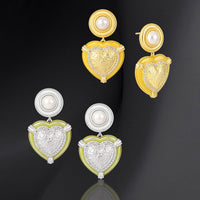 Wedding Round Shell Pearls CZ Border Heart 925 Sterling Silver Dangling Earrings - KIAHMILLA