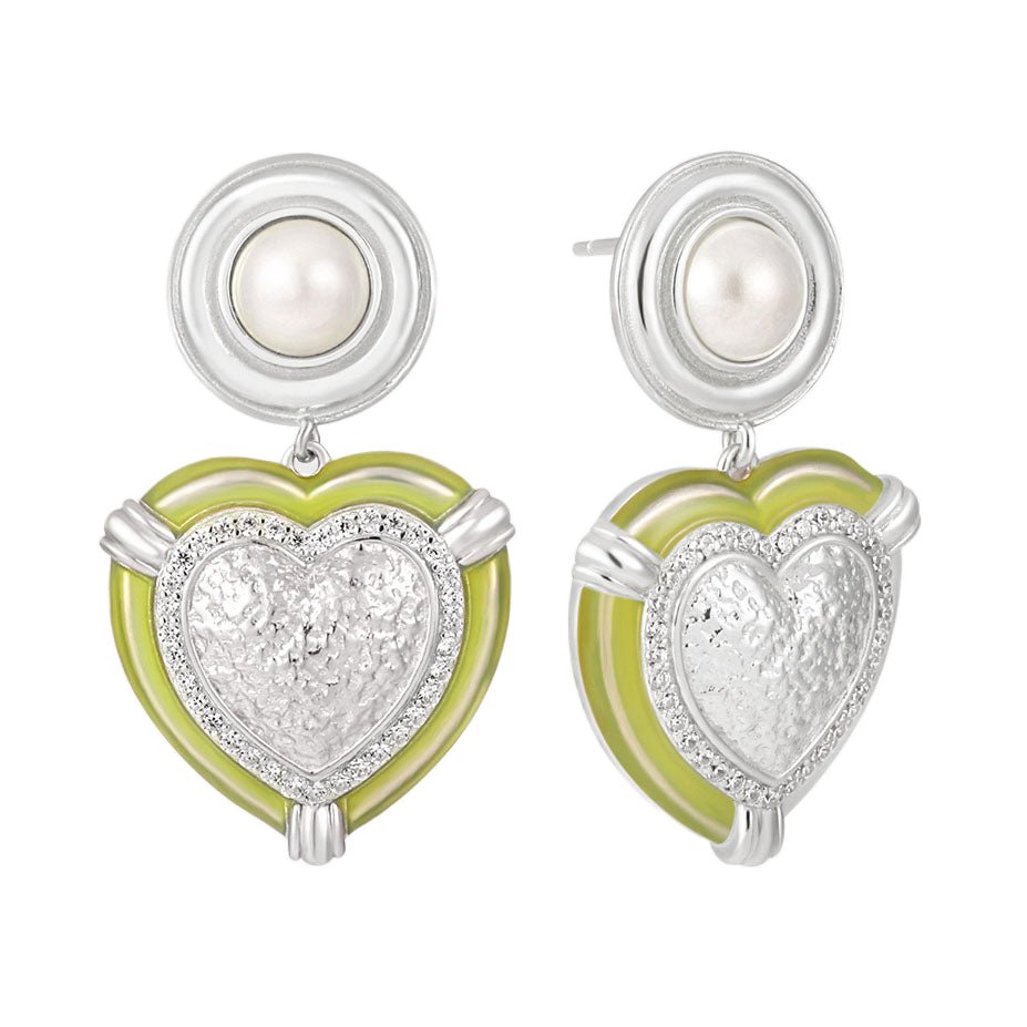 Wedding Round Shell Pearls CZ Border Heart 925 Sterling Silver Dangling Earrings - KIAHMILLA