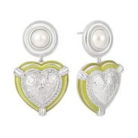 Wedding Round Shell Pearls CZ Border Heart 925 Sterling Silver Dangling Earrings - KIAHMILLA