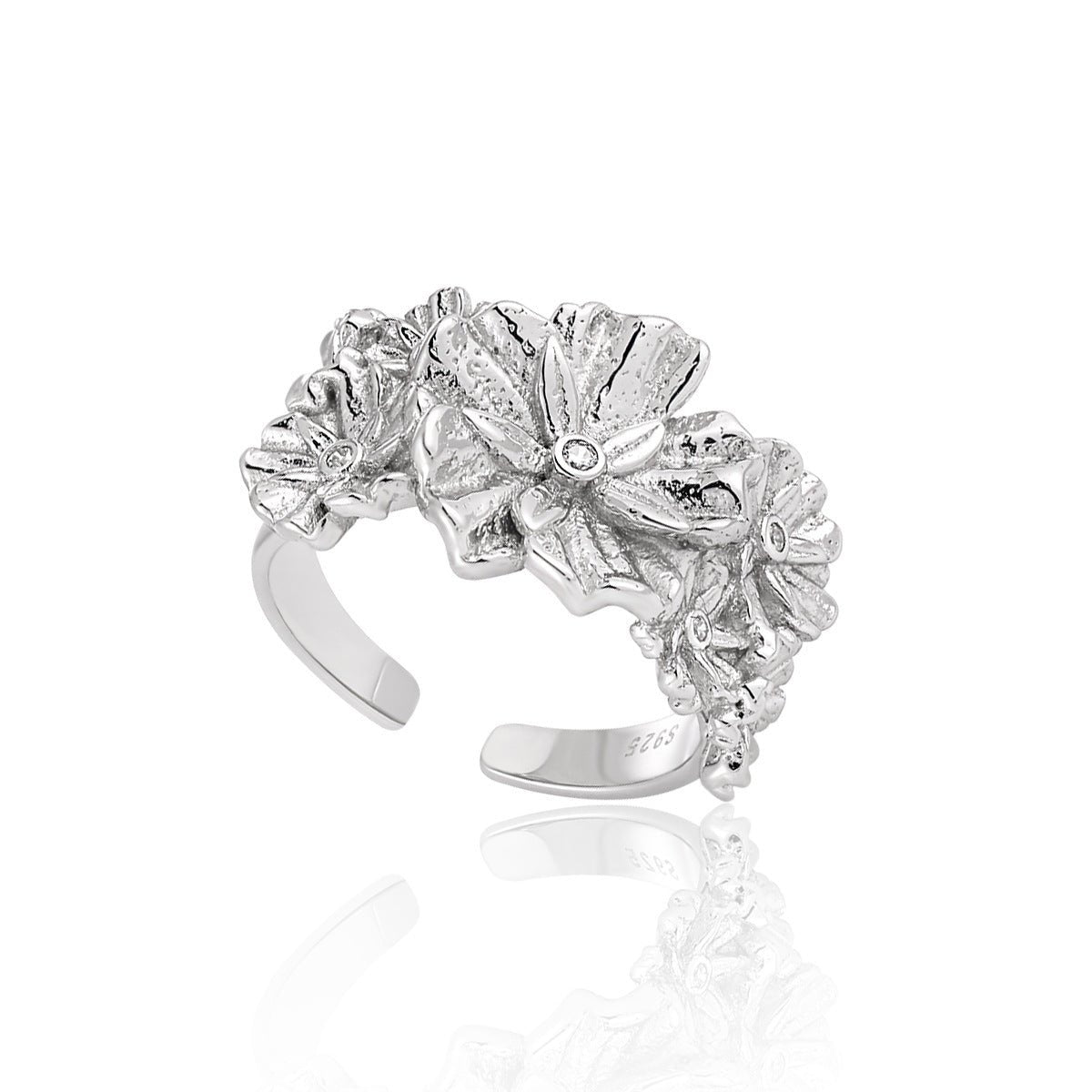 Women Beautiful CZ Flowers 925 Sterling Silver Adjustable Ring - KIAHMILLA
