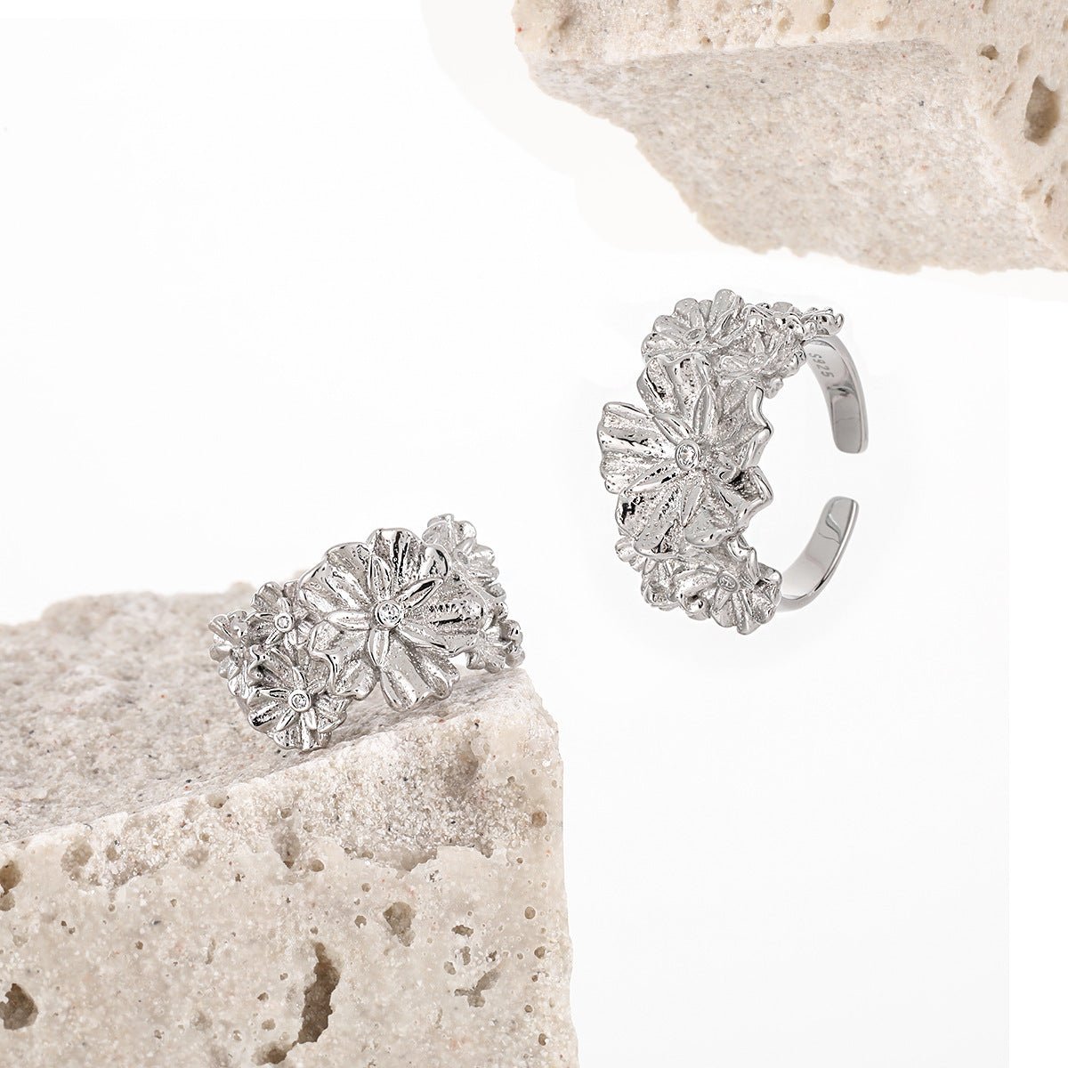 Women Beautiful CZ Flowers 925 Sterling Silver Adjustable Ring - KIAHMILLA