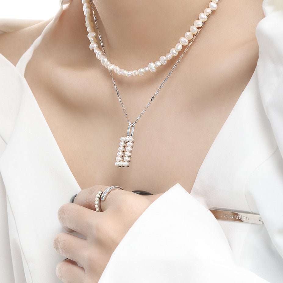 Women Elegant Geometry Shell Pearls Rectangle 925 Sterling Silver Necklace - KIAHMILLA