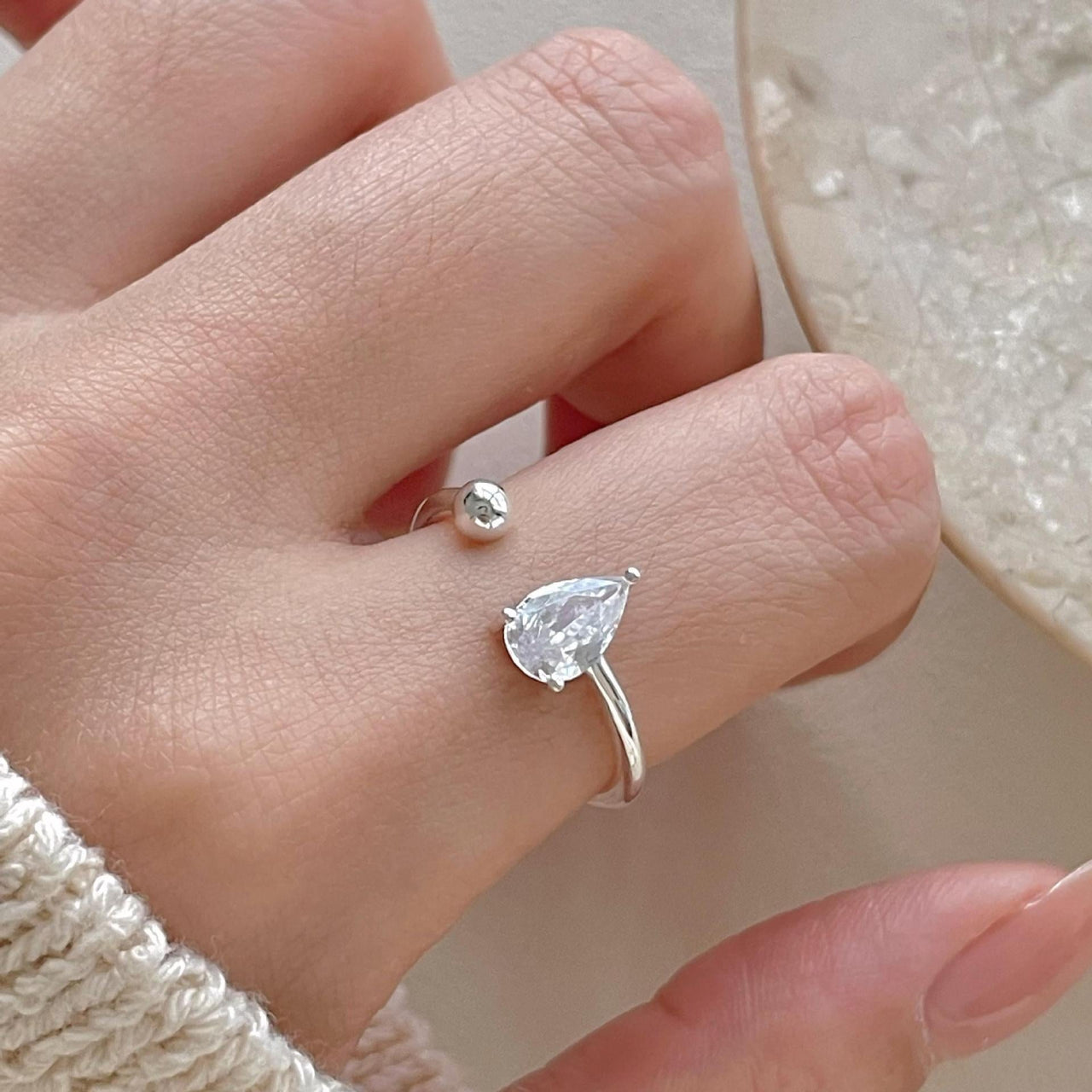 Women Elegant Waterdrop CZ Ball 925 Sterling Silver Adjustable Ring - KIAHMILLA
