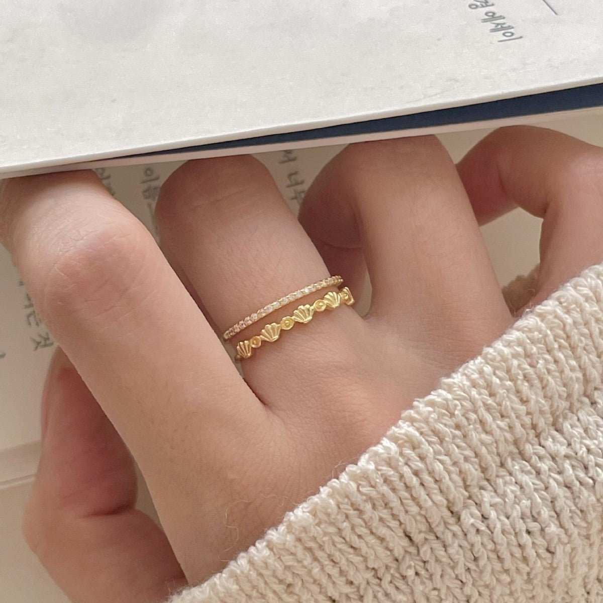 Women Fashion Double Layers CZ Shell 925 Sterling Silver Adjustable Ring - KIAHMILLA