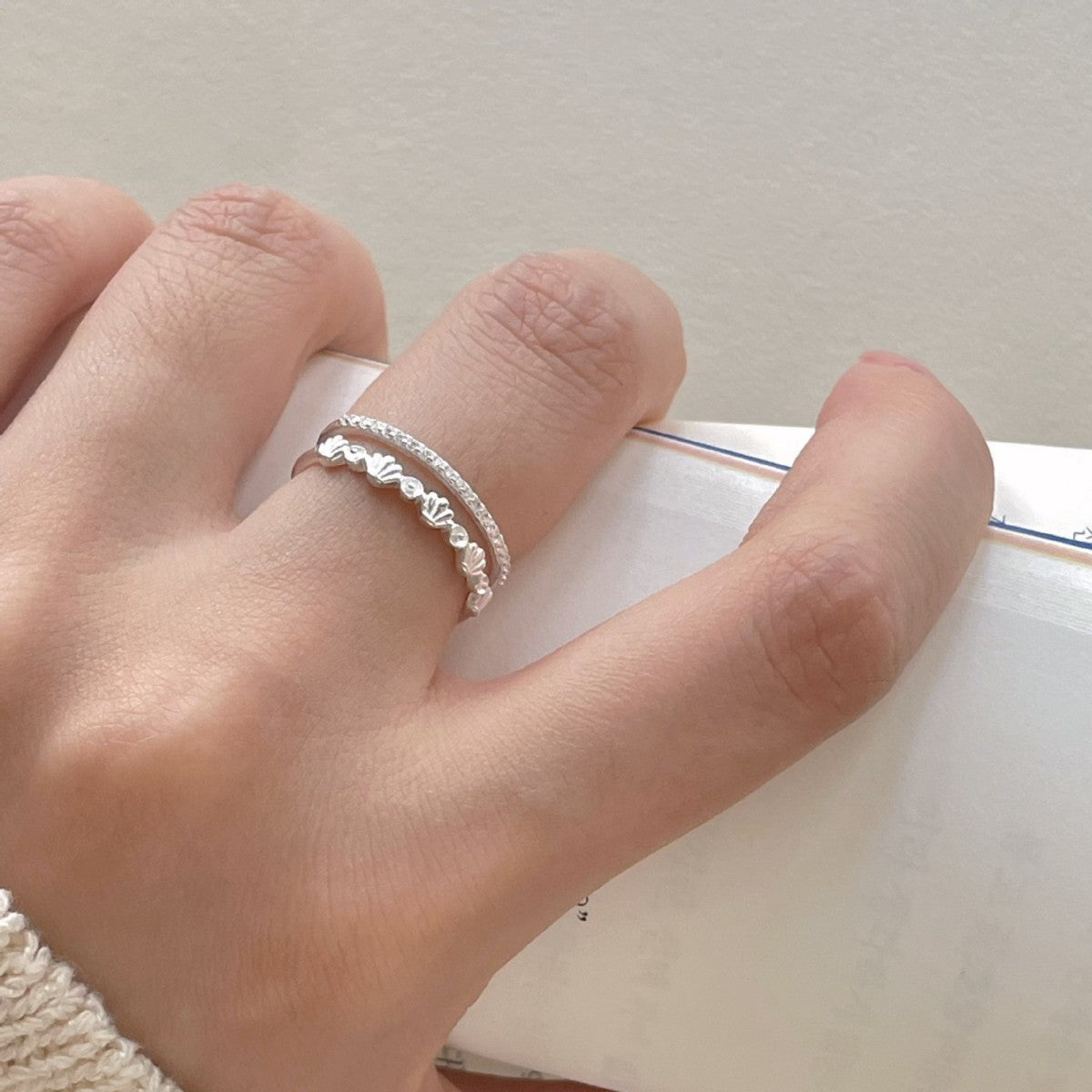 Women Fashion Double Layers CZ Shell 925 Sterling Silver Adjustable Ring - KIAHMILLA