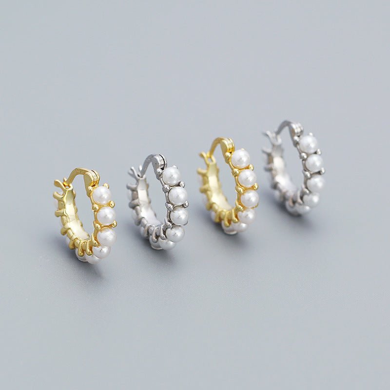 Women Round Mini Shell Pearls 925 Sterling Silver Hoop Earrings - KIAHMILLA