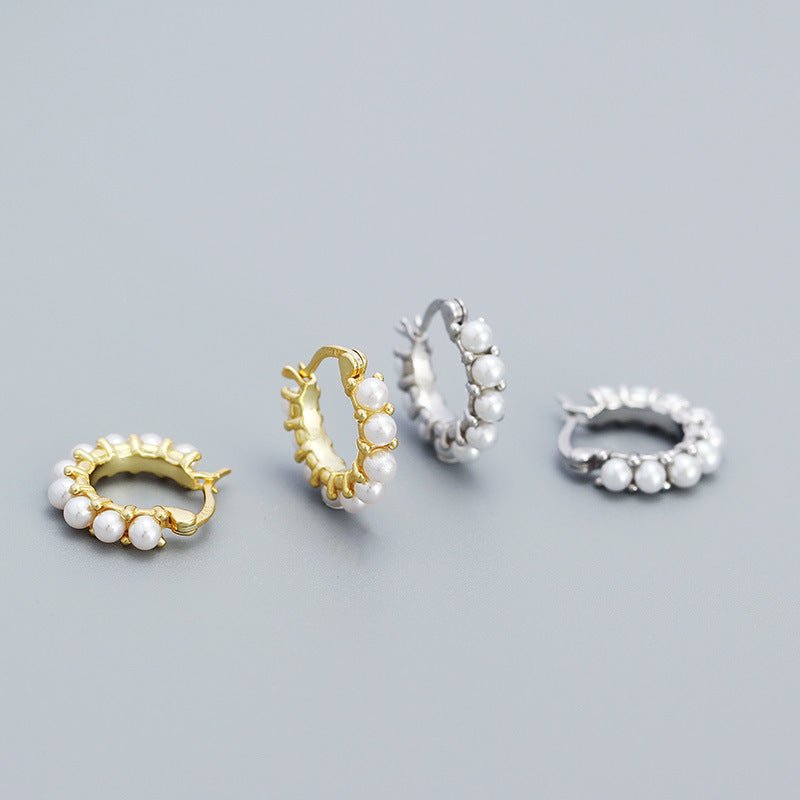 Women Round Mini Shell Pearls 925 Sterling Silver Hoop Earrings - KIAHMILLA