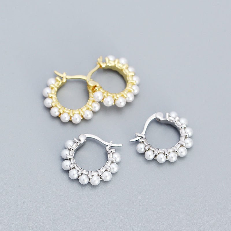 Women Round Mini Shell Pearls 925 Sterling Silver Hoop Earrings - KIAHMILLA