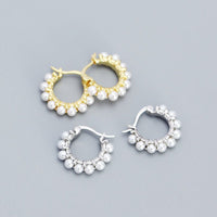Women Round Mini Shell Pearls 925 Sterling Silver Hoop Earrings - KIAHMILLA