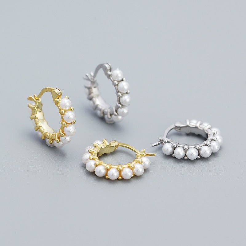 Women Round Mini Shell Pearls 925 Sterling Silver Hoop Earrings - KIAHMILLA