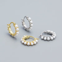 Women Round Mini Shell Pearls 925 Sterling Silver Hoop Earrings - KIAHMILLA